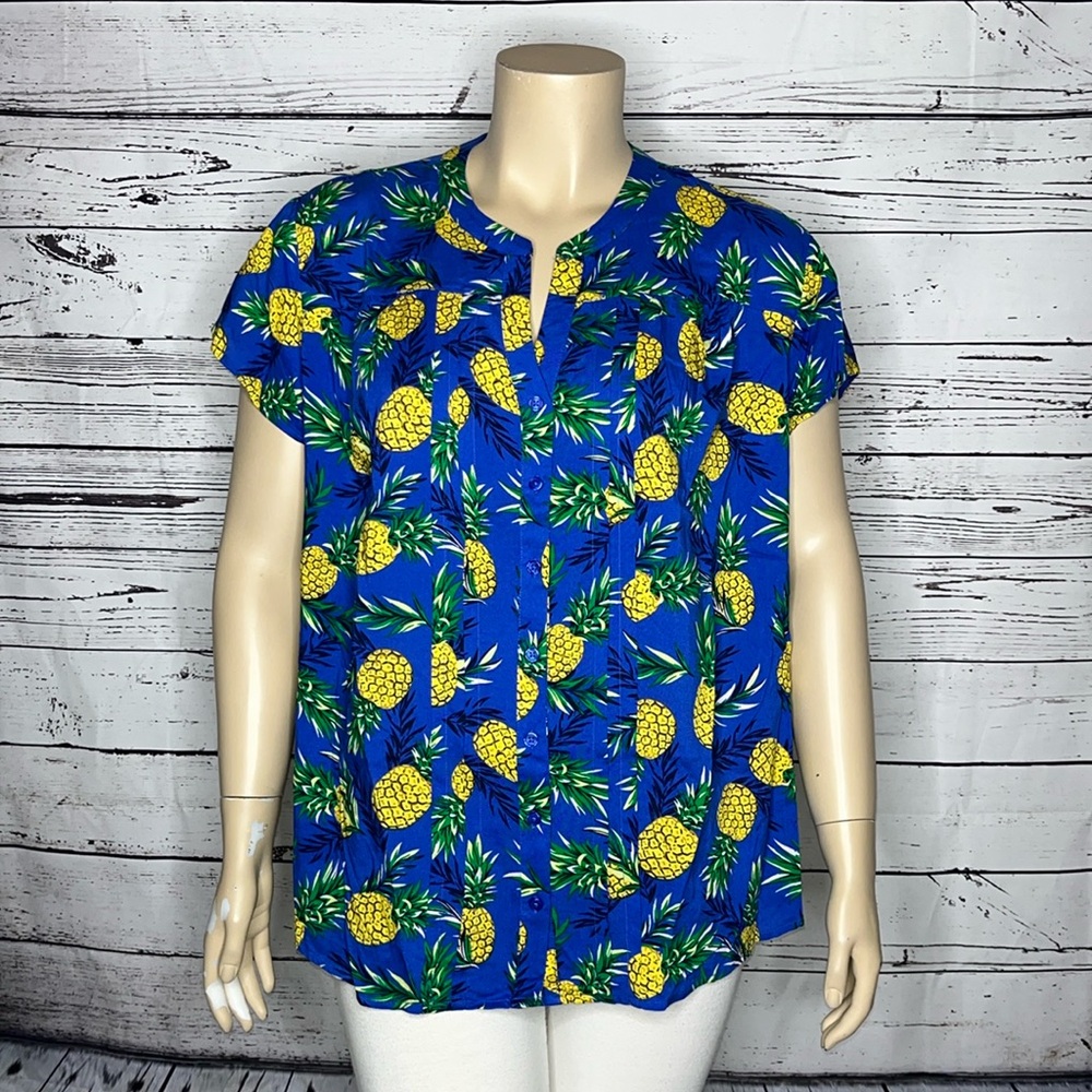 Architect Woman NWT Size 3X Blue - Pineapple Print Button Up Blouse Top